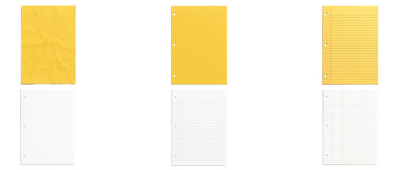 Set of 6 White and Yellow Pages A4 Size crumpled, lined, checks, plain for graphic design
