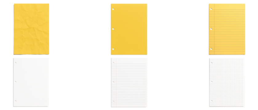 Set of 6 White and Yellow Pages A4 Size crumpled, lined, checks, plain for graphic design