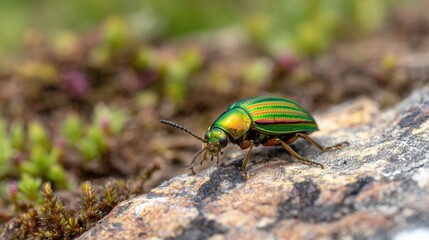 Naklejka premium Close-up of a vibrant green beetle perched on a rock amidst blurred natural vegetation