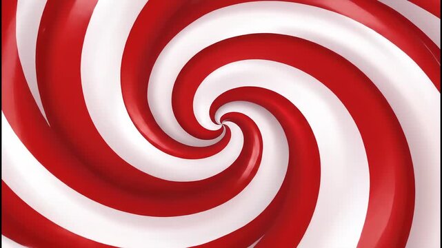 A close-up, abstract view of a hypnotic, deeply spiraling pattern formed by alternating thick stripes of glossy red and bright white. The visual effect draws inward.