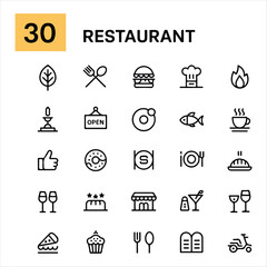Fototapeta premium Dining editable line icons set: food, drink, and meals in outline style