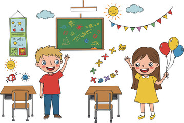 Happy cartoon children in colorful classroom with chalkboard, balloons, decorations and learning elements, fun education concept illustration, flat vector design
