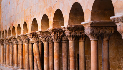 Details of the cloister of the Benedictine abbey of the Monastery of Santo Domingo de Silos. Santo Domingo de Silos, Burgos, Castile and León, Spain, Europe