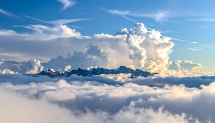 Snowy mountain peaks poke through a sea of fluffy clouds under a bright blue sky dotted with wispy white formations