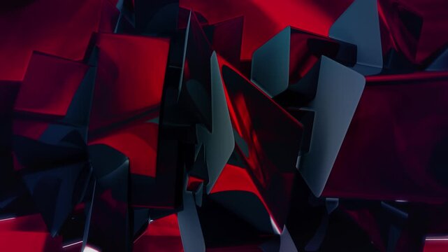Abstract dark, red, and blue geometric pattern shapes creating a dynamic artistic video background loop. 3D Graphics video loop, ideal as a music stage backdrop for live shows or events