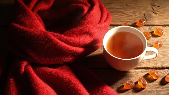 Cup of hot tea with steam, red scarf, and lozenges on a wooden table