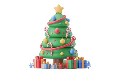 Cartoon Christmas Tree with Cute Decorations and Gifts