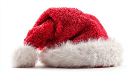 A red Santa hat with white fur trim, commonly associated with Christmas celebrations. The hat is soft and fluffy, symbolizing holiday cheer.