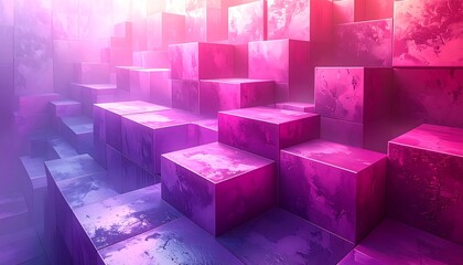 Abstract arrangement of pink/purple cubes arranged in steps, simulating an urban cityscape with clouds in the stone
