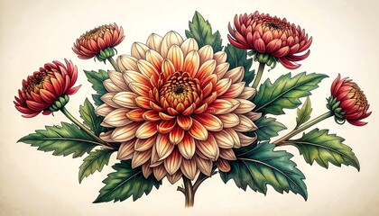 Ornate floral display a large, beige-centered flower surrounded by smaller red blooms and vibrant green foliage