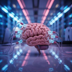 Digital brain with neon lights and circuits isolated on white background