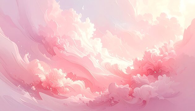 Abstract painting of soft pink and white clouds swirling in a light-filled sky, creating a dreamy, ethereal atmosphere
