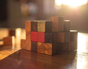 A wooden puzzle sits on a table, partially assembled. A vibrant red piece stands out amongst various wooden shades. Warm sunlight creates a bokeh effect