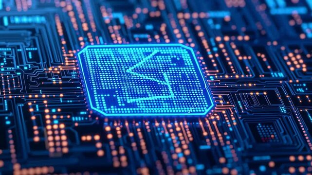 A close-up of a blue-lit microchip on a circuit board.