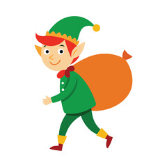 Happy christmas elf with giant sack of presents and toys spreading holiday cheer