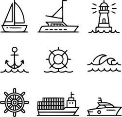 Nautical Vessels Outline Icon Pack Ocean Adventure and Sailing Concepts