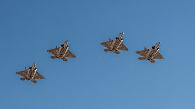 Commercial high-resolution photo of commercial high-resolution photo of four fighter jets flying in formation against a clear blue sky.