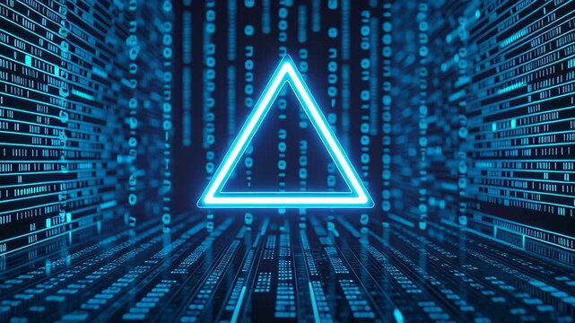 A glowing blue triangle in a digital landscape of binary code.