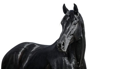 Sleek black horse, posed against a white backdrop, highlights its dark coat and elegant features