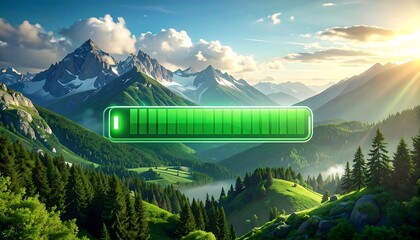 Green battery icon is superimposed over a sunny mountain range landscape with lush green valleys and forest