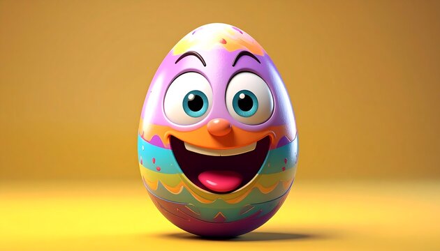 Animated, decorated Easter egg with a happy cartoon face and bright, colorful patterns on a gradient orange background