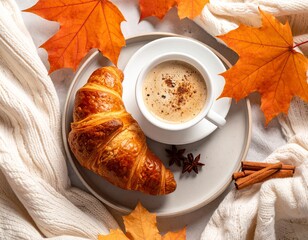 Cozy Autumn Breakfast Flat Lay with Coffee and Croissant