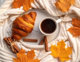 Cozy Autumn Breakfast Flat Lay with Coffee and Croissant