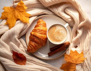 Cozy Autumn Breakfast Flat Lay with Coffee and Croissant