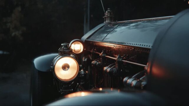 Vintage car front view with illuminated headlights at twilight  