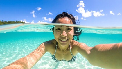 Smiling Asian woman takes a selfie underwater, crystal clear turquoise sea, bright sky with clouds