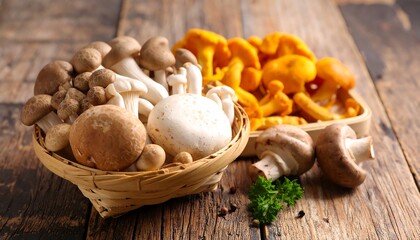 Assortment of mushrooms in wicker baskets on wooden surface, bright, natural light, autumnal colors