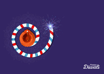 Diwali Puja banner. Happy Diwali concept. Firework and clay lamp composition concept.