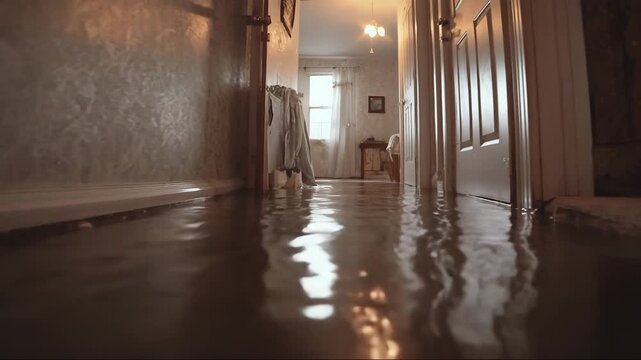 Flooded hallway with water covering the floor in residential home  