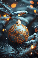 Decorative Christmas ornament hanging on a pine tree branch with soft glowing lights and snowflakes