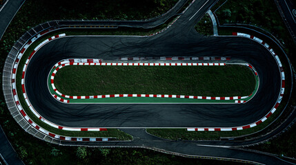 Obraz premium Aerial Perspective of a Grand Prix Circuit Featuring a Speeding Formula One Car on a Dramatic Race Track