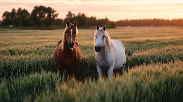 Two horses stand together in a sunlit rye field their manes flowing in the gentle breeze as golden stalks surround them under a vast open sky