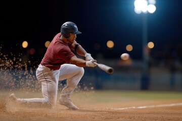 Hispanic male baseball player swinging bat on dusty field