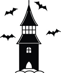 haunted tower with bats illustration on transparent background