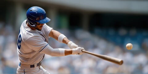 Caucasian male baseball player batting action in daytime game
