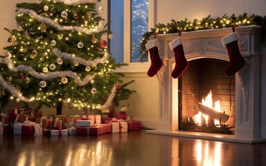 Christmas Tree in Cozy Living Room Interior with Fireplace and Presents