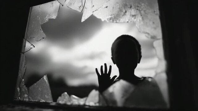 Child reaching out through broken window in dark, moody setting  
