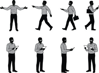 Business professional silhouette, corporate worker poses, digital device usage, workplace communication, modern office lifestyle, technology interaction, cad drawing flat vector illustration