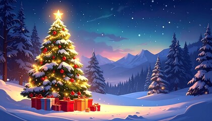 Snowy, winter scene of a glowing, decorated Christmas tree, presents, with mountains and trees in the background