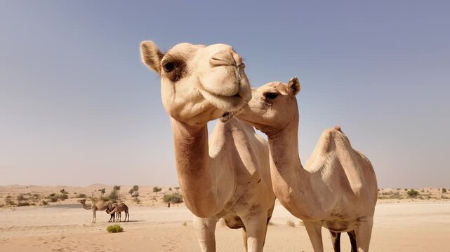 Middle Eastern camels in the desert in Abu Dhabi, UAE