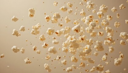 Popcorn kernels mid-air motion, isolated on pale background.