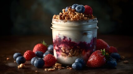 A healthy and delicious yogurt parfait layered with granola and fresh mixed berries in a mason jar presented attractively on a rustic surface