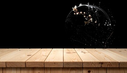 Sprig with blooms in water splash on a wooden table, against a dark backdrop; droplets frozen in dynamic action