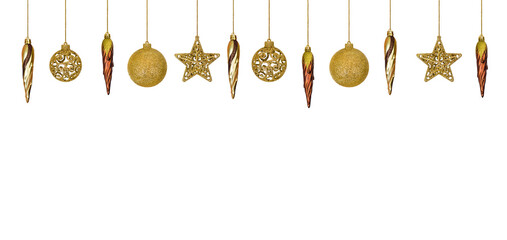 Christmas decorations in the form of a golden icicles, star, and ball on a white background. Design element for Christmas card