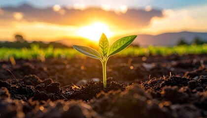 Sprout emerges from fertile soil against a vibrant sunset, symbolizing hope and growth in agriculture