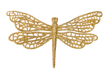 A Christmas decorative tree ornament in the shape of a golden shiny dragonfly, isolated on a transparent background with clipping path. Design element for Christmas card